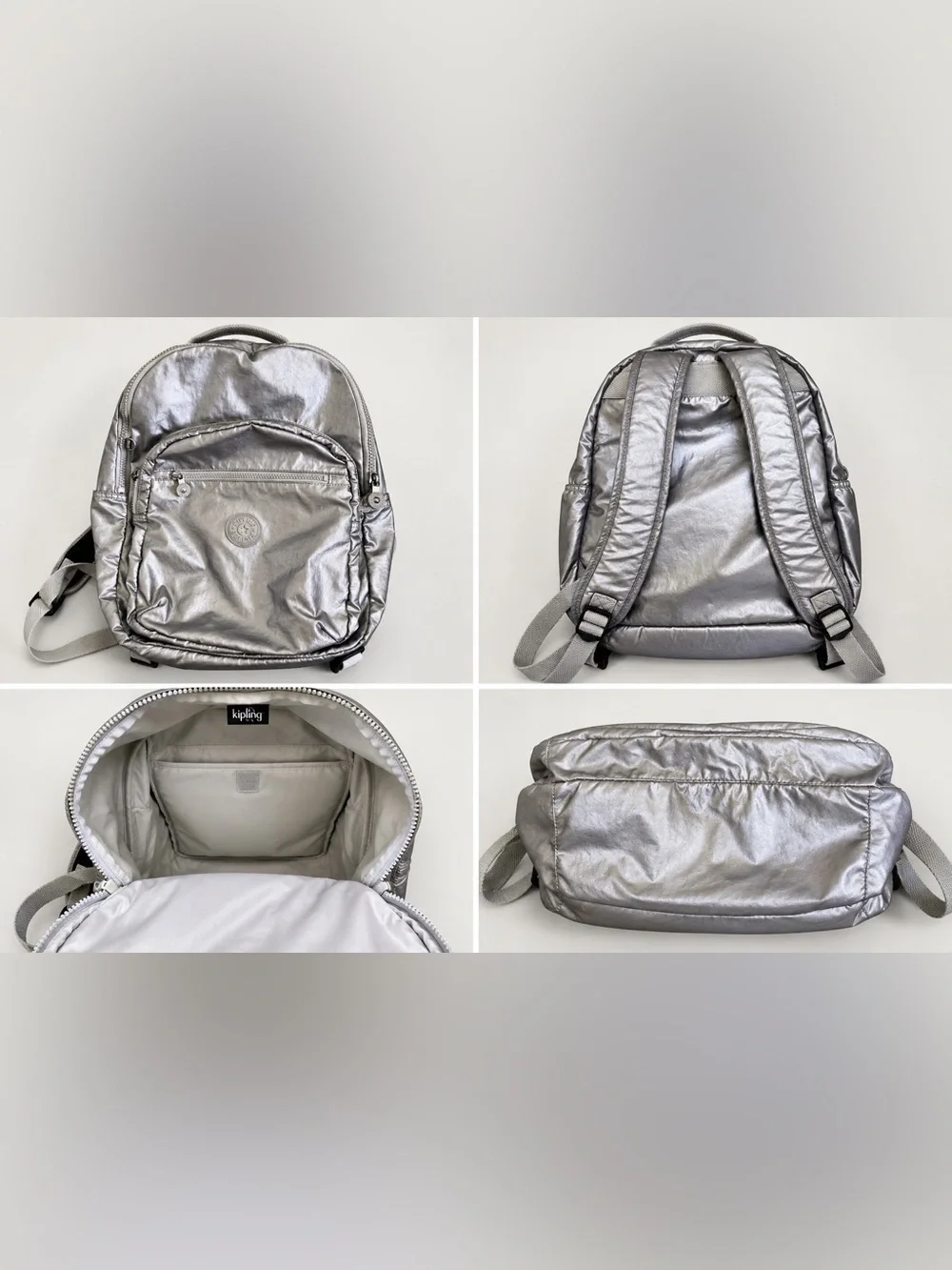 Kipling Metallic Silver Backpack – 15” 🎒✨